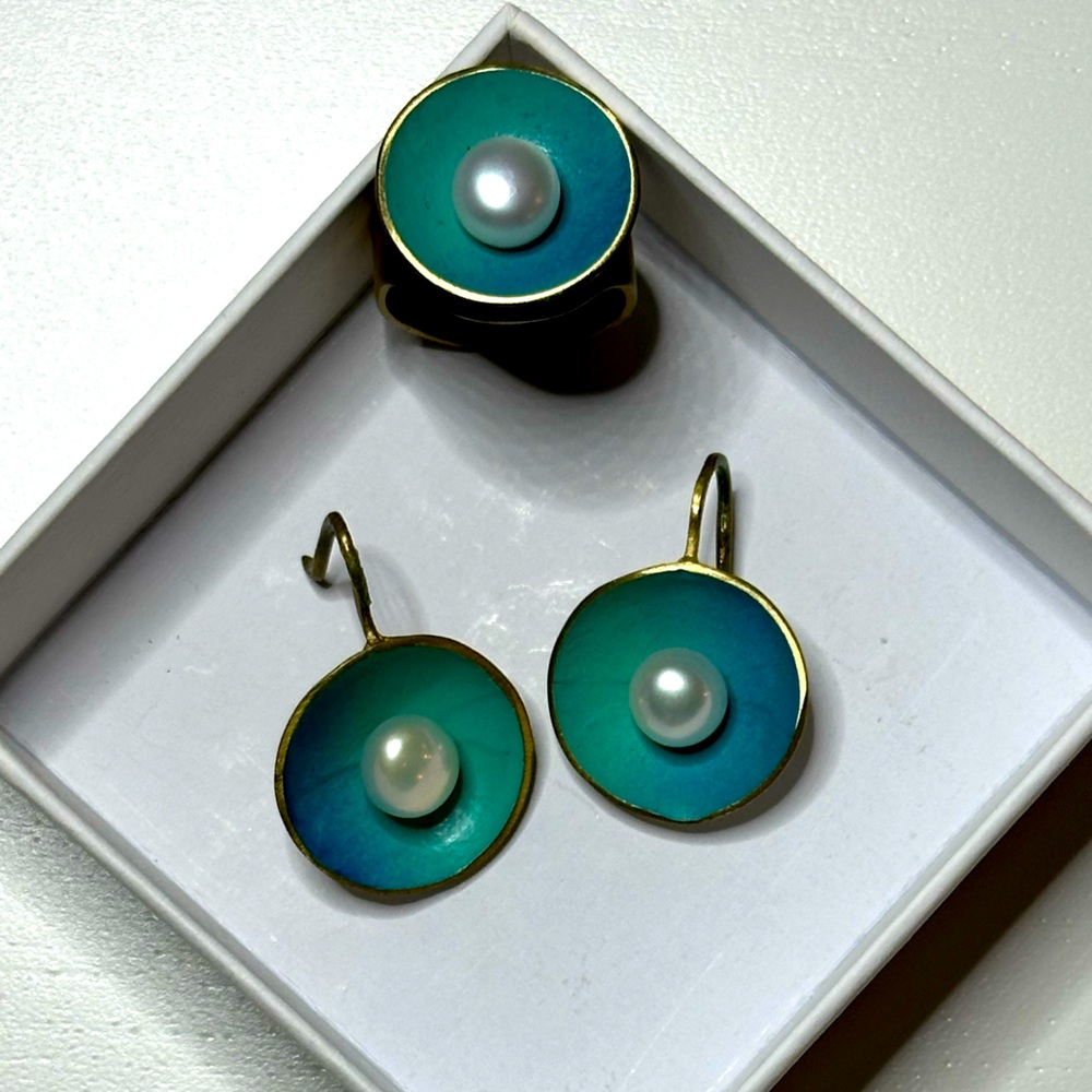 One of a kind earrings with matching adjustable ring